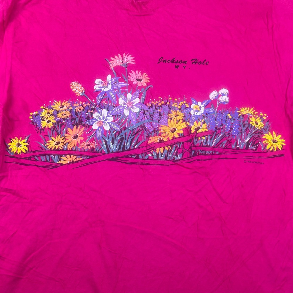 Vintage 1990 Jackson Hole WY Wildflower Graphic Tee Single Stitch Hot Pink Large - Picture 2 of 10